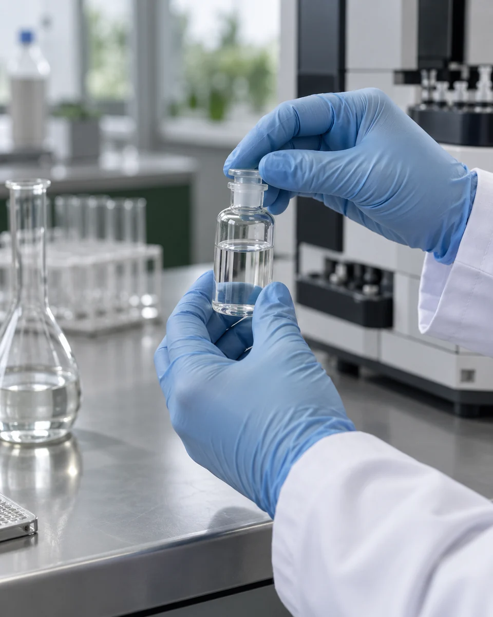 Avaliação de amostra líquida incolor em laboratório — imagem ilustrativa