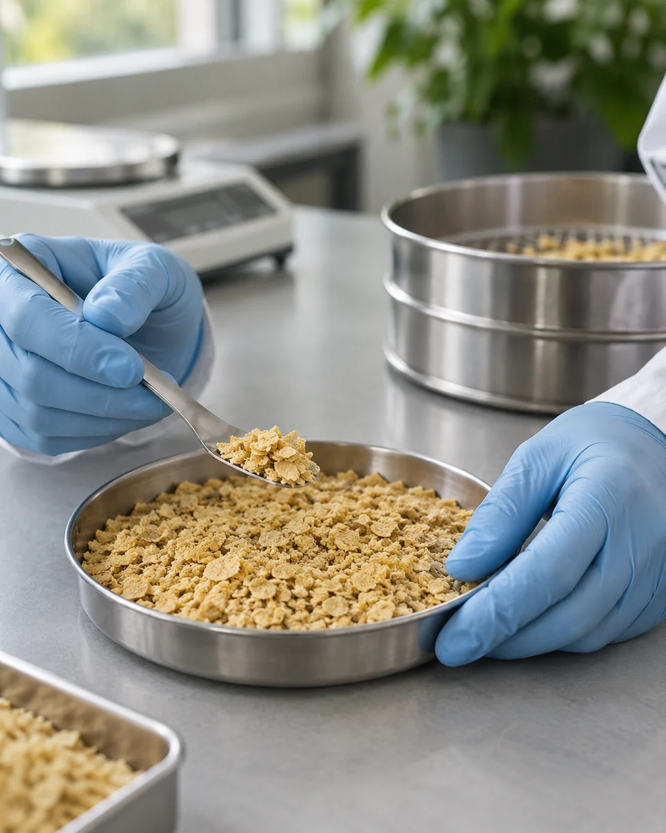 Avaliação de amostra de farelo vegetal em laboratório — imagem ilustrativa