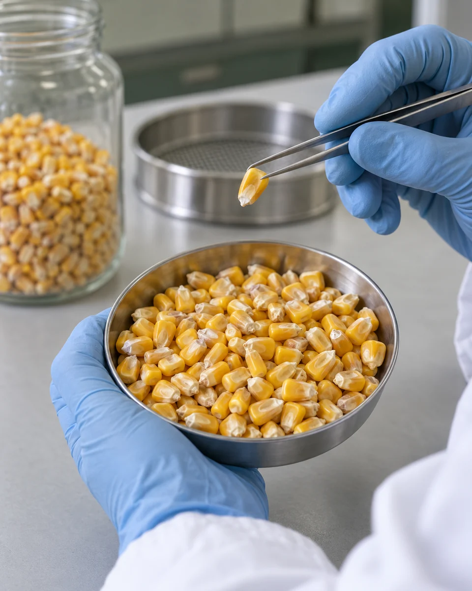 Avaliação de amostra de milho em laboratório — imagem ilustrativa