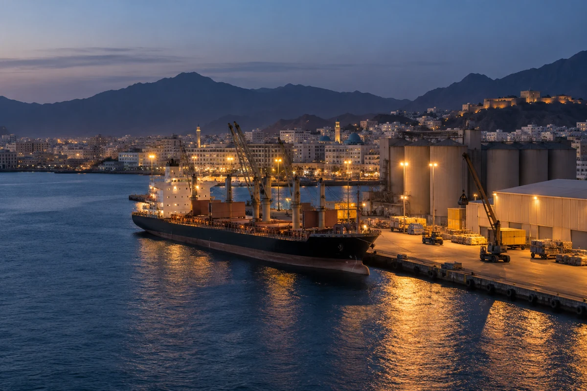 Porto comercial entre o litoral e as montanhas ao anoitecer — imagem ilustrativa