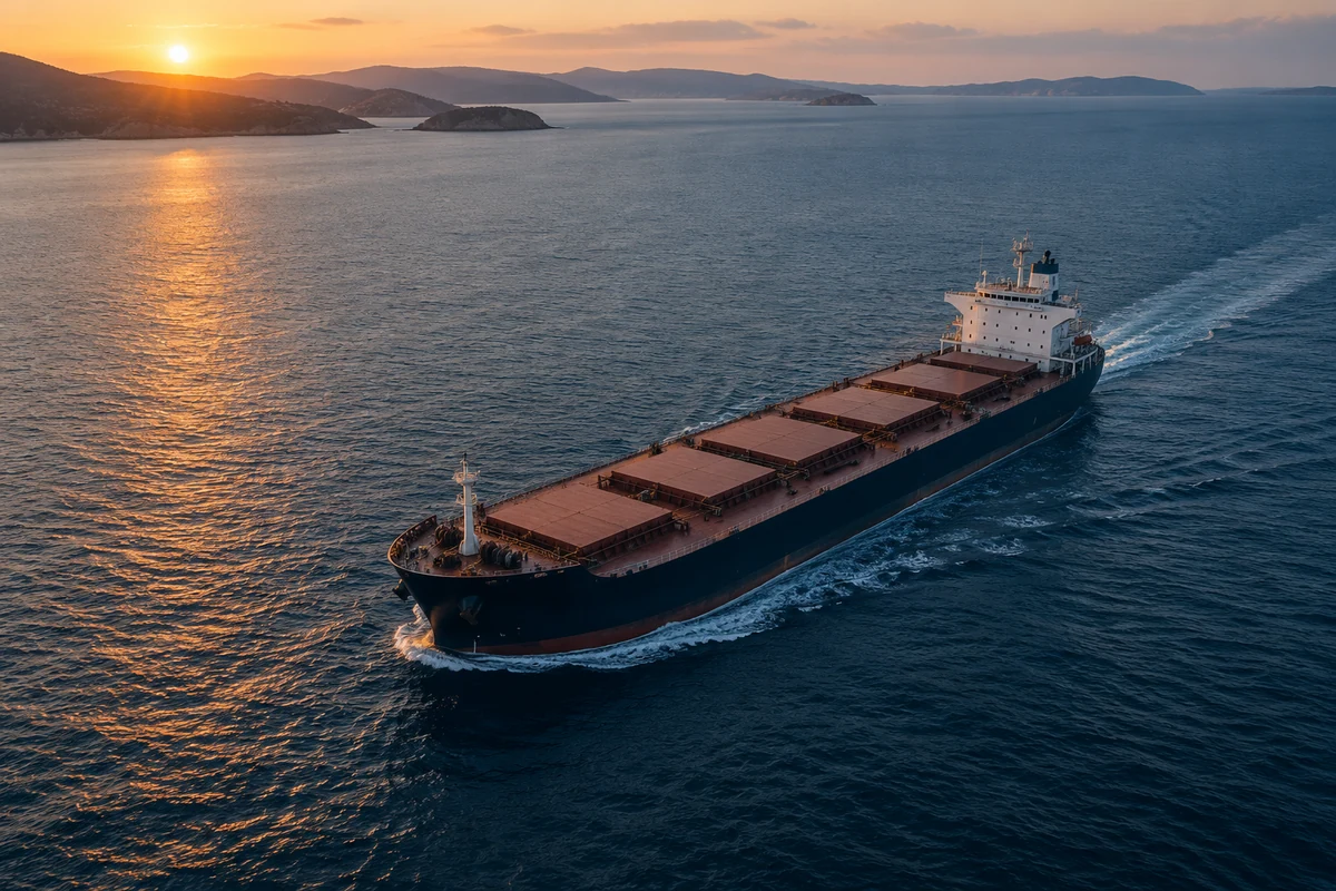 Navio graneleiro ao pôr do sol — imagem ilustrativa